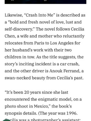 Robinne Lee Instagram - At long last, I have book news!! Absolutely thrilled to share that my new novel, CRASH INTO ME, will be on shelves in July of 2026. Published by St. Martin’s Press in the U.S., and Penguin Michael Joseph in the UK — and not a moment too soon, because I have been living and breathing with these characters for a while now, and can’t wait to share them with the rest of you! 

Huge thank you to @angeliquejackson at Variety for this lovely write up. @miaammer for working her magic. And Richard Pine at @inkwellmgmt, Elizabeth Beier at @stmartinspress and Clio Cornish at @michaeljbooks for making it all possible.

And also, the brilliant @davematthewsband for yet another great book title. 

All the love,
Robinne

Link in profile.
Photo by @theoandjuliet 

#CrashIntoMe #crashintomebook #CeciliaChen