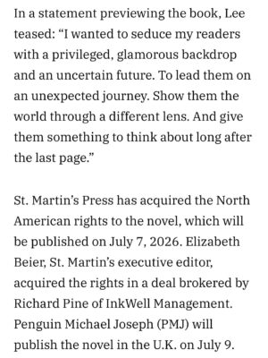 Robinne Lee Instagram - At long last, I have book news!! Absolutely thrilled to share that my new novel, CRASH INTO ME, will be on shelves in July of 2026. Published by St. Martin’s Press in the U.S., and Penguin Michael Joseph in the UK — and not a moment too soon, because I have been living and breathing with these characters for a while now, and can’t wait to share them with the rest of you! 

Huge thank you to @angeliquejackson at Variety for this lovely write up. @miaammer for working her magic. And Richard Pine at @inkwellmgmt, Elizabeth Beier at @stmartinspress and Clio Cornish at @michaeljbooks for making it all possible.

And also, the brilliant @davematthewsband for yet another great book title. 

All the love,
Robinne

Link in profile.
Photo by @theoandjuliet 

#CrashIntoMe #crashintomebook #CeciliaChen