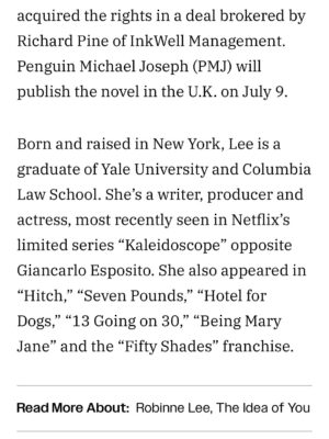 Robinne Lee Instagram - At long last, I have book news!! Absolutely thrilled to share that my new novel, CRASH INTO ME, will be on shelves in July of 2026. Published by St. Martin’s Press in the U.S., and Penguin Michael Joseph in the UK — and not a moment too soon, because I have been living and breathing with these characters for a while now, and can’t wait to share them with the rest of you! 

Huge thank you to @angeliquejackson at Variety for this lovely write up. @miaammer for working her magic. And Richard Pine at @inkwellmgmt, Elizabeth Beier at @stmartinspress and Clio Cornish at @michaeljbooks for making it all possible.

And also, the brilliant @davematthewsband for yet another great book title. 

All the love,
Robinne

Link in profile.
Photo by @theoandjuliet 

#CrashIntoMe #crashintomebook #CeciliaChen