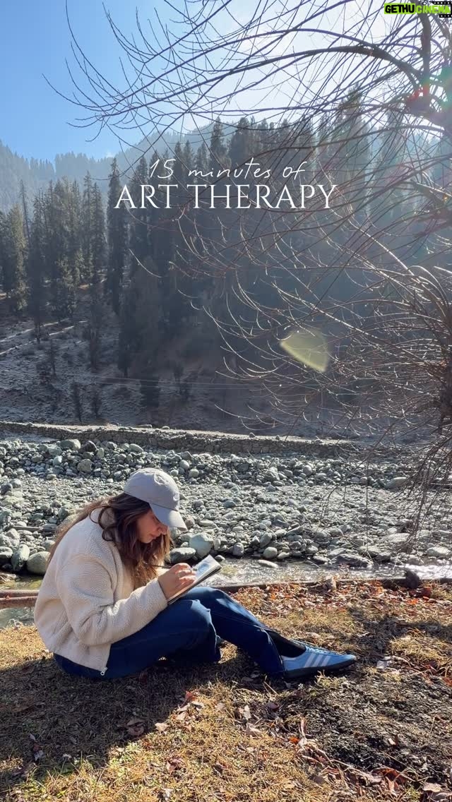 Sakshi Khullar - 6.7K Likes - 15 mins artwork but remembered forever 🏔️ That’s how moments find their way into my black diary. 
#sakshikhullarart #pleinairpainter #mountainlover #chillaikalan #guachepainting