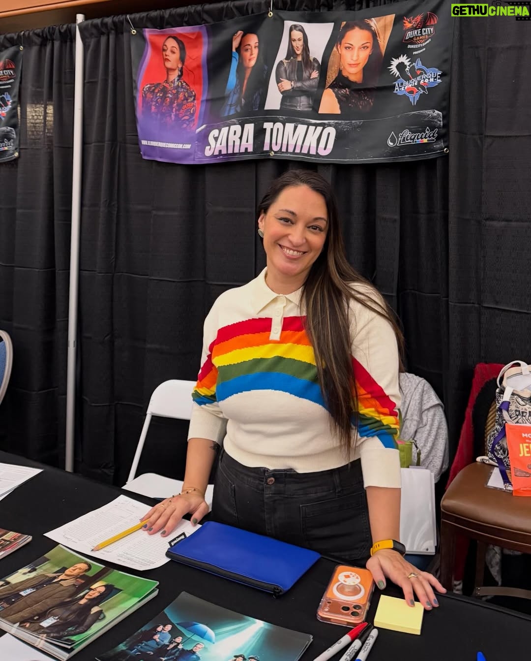 Sara Tomko - 8.5K Likes - A colorful first day at @abqcomcon Thanks for coming out and sharing your many stories of love and joy and gratitude for our show.  See you again tomorrow for our last day in Albuquerque🪩🎁🎉💎🌅🛸🎨✨