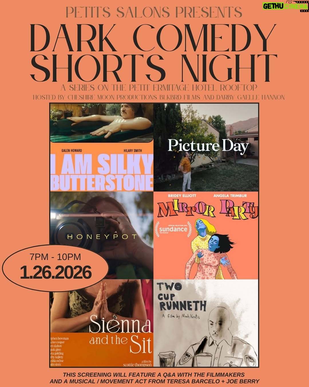 Sarah Carter - 80 Likes - On Monday, January 26th @petits_salons is screening an exciting selection of darkly comedic short films by local rising filmmakers, curated in collaboration with @e__granat!

Doors will open at 7:00pm, with an opening musical / movement act of “Wiggle Room” at 7:30pm from @toogiesaurus and @joemarcelberry Seating is very limited, so make sure to show up as early as you can to snag yours!

Following the performance, we’ll move out to the fire deck for the films. Our lineup includes:

HONEYPOT by @rickdarge 
When a man finds a box of free stuff on a city street, one vintage camera sends him spiraling into a world of questionable coincidences and cosmic confusion.

MIRROR PARTY by @bridey_elliott 
Two friends role-play a breakup conversation.

TWO CUP RUNNETH by @noahkentis 
Security guard, Mike, has accidentally been delivered a second cup of coffee.

SIENNA AND THE SIT by @iamscottiet 
Having exhausted every cleanse and crystal out there, Sienna sits Shiva in a last ditch effort to finally get over her ex.

I AM SILKY BUTTERSTONE by @e__granat
The story of two frenemies, a literary hoax, and what happens when you spend too much time writing alone in a cabin.

PICTURE DAY by @thehilarysmith 
Uncomfortable revelations come to light while a couple takes engagement photos.

**This screening will include a Q&A with the filmmakers.

Link in bio to RSVP — no tickets at the door. Optional valet $15.

Petits Salons is hosted by @jamesaaronoliver @darbygaellehannon and
@sarah_carter_oxox 
presented by @cheshiremoonproductions and
@blkbrdfilms ✨