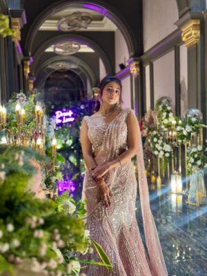 Tanvi Dogra Instagram - When the outfit speaks, you just pose 💕 

Styled by : @stylewithroshnii 
Wearing: @emiraasbyindrani 
Jewellery: @solikocommunications 

#PinkAesthetic #GlitterGlow #PastelVibes #ShineBright #EthnicElegance