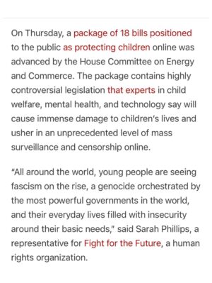 Taylor Lorenz Instagram - ALL HANDS ON DECK!! CALL YOUR REPRESENTATIVE TODAY and tell them: 
 
—NO to KOSA
—NO to Section 230 reform 
—NO online digital ID laws
—NO age verification laws
—NO to the SCREEN Act
—NO to the App Store Accountability Act (digital ID system)
 
CALL NOW!!!! We are about to lose the internet and free speech for life. These laws will reward Peter Thiel’s ID verification and data harvesting companies w billions while entrenching the power of big tech. 

Sen. Marsha Blackburn, claimed KOSA would help “protect minor children from the transgender in this culture.” She also claimed that social media “is where children are being indoctrinated” into LGBTQ culture. 

These bills are being positioned as protecting children online, but experts in child welfare, mental health, and technology say they will cause immense damage to children’s lives and usher in an unprecedented level of mass surveillance and censorship. 
 
The government is also seeking to repeal Section 230, the landmark legislation that protects independent journalism and free speech online. 

Democrats are doing all of this claiming that they’re “cracking down on big tech”, but in reality these laws are a massive gift to big tech and will drastically increase the amount of data tech companies can harvest on us and will entrench the power of Meta and Google. 
 
CALL YOUR REPRESENTATIVES NOW!!!!! And visit badinternetbills.com for a full rundown, scripts to say when you call your congress person and more. 

Read my full piece in @zeteonews 👈👈👈👈