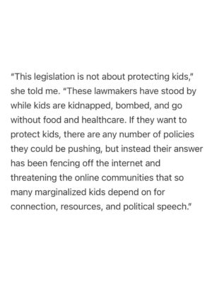 Taylor Lorenz Instagram - ALL HANDS ON DECK!! CALL YOUR REPRESENTATIVE TODAY and tell them: 
 
—NO to KOSA
—NO to Section 230 reform 
—NO online digital ID laws
—NO age verification laws
—NO to the SCREEN Act
—NO to the App Store Accountability Act (digital ID system)
 
CALL NOW!!!! We are about to lose the internet and free speech for life. These laws will reward Peter Thiel’s ID verification and data harvesting companies w billions while entrenching the power of big tech. 

Sen. Marsha Blackburn, claimed KOSA would help “protect minor children from the transgender in this culture.” She also claimed that social media “is where children are being indoctrinated” into LGBTQ culture. 

These bills are being positioned as protecting children online, but experts in child welfare, mental health, and technology say they will cause immense damage to children’s lives and usher in an unprecedented level of mass surveillance and censorship. 
 
The government is also seeking to repeal Section 230, the landmark legislation that protects independent journalism and free speech online. 

Democrats are doing all of this claiming that they’re “cracking down on big tech”, but in reality these laws are a massive gift to big tech and will drastically increase the amount of data tech companies can harvest on us and will entrench the power of Meta and Google. 
 
CALL YOUR REPRESENTATIVES NOW!!!!! And visit badinternetbills.com for a full rundown, scripts to say when you call your congress person and more. 

Read my full piece in @zeteonews 👈👈👈👈