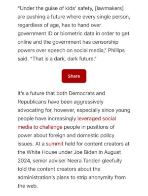 Taylor Lorenz Instagram - ALL HANDS ON DECK!! CALL YOUR REPRESENTATIVE TODAY and tell them: 
 
—NO to KOSA
—NO to Section 230 reform 
—NO online digital ID laws
—NO age verification laws
—NO to the SCREEN Act
—NO to the App Store Accountability Act (digital ID system)
 
CALL NOW!!!! We are about to lose the internet and free speech for life. These laws will reward Peter Thiel’s ID verification and data harvesting companies w billions while entrenching the power of big tech. 

Sen. Marsha Blackburn, claimed KOSA would help “protect minor children from the transgender in this culture.” She also claimed that social media “is where children are being indoctrinated” into LGBTQ culture. 

These bills are being positioned as protecting children online, but experts in child welfare, mental health, and technology say they will cause immense damage to children’s lives and usher in an unprecedented level of mass surveillance and censorship. 
 
The government is also seeking to repeal Section 230, the landmark legislation that protects independent journalism and free speech online. 

Democrats are doing all of this claiming that they’re “cracking down on big tech”, but in reality these laws are a massive gift to big tech and will drastically increase the amount of data tech companies can harvest on us and will entrench the power of Meta and Google. 
 
CALL YOUR REPRESENTATIVES NOW!!!!! And visit badinternetbills.com for a full rundown, scripts to say when you call your congress person and more. 

Read my full piece in @zeteonews 👈👈👈👈