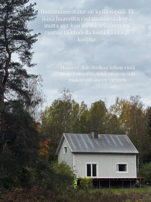 Tiia Elg Instagram - Remontin vaiheita Iisakin kirkossa aka meidän rintamamiestalossa. On ollut monta moneksi. Huvipuistovaihe oli remontin kivoin vaihe. (Kts. Kuvat) 

📌Talon väriksi valikoitu Tikkurilan Q637 Taival @tikkurila_suomi . Oon todella tyytyväinen värivalintaan.

Otimme paneelit valmiiksi maalattuina. Mä maalasin reunalaudat (onkohan oikea termi) ja Aksu maalasi ikkunoiden puitteet. Jotain siis touhuttiin itsekin.