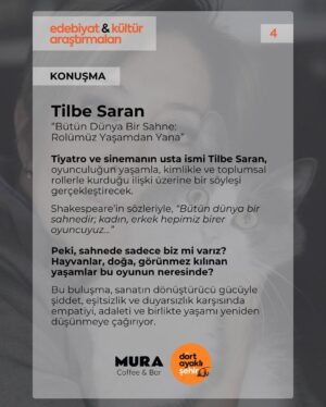 Tilbe Saran Instagram - Davetlisiniz: Dört Ayaklı Şehir, tiyatro ve sinemanın usta ismi Tilbe Saran’ı ağırlıyor ❤️

🎭 “Bütün Dünya Bir Sahne: Rolümüz Yaşamdan Yana”

🔗 Etkinlik katılım formu profilde ve hikayelerde

Dört Ayaklı Şehir, Edebiyat ve Kültür Araştırmaları Programı’nın 4. buluşmasında konuğumuz olacak Tilbe Saran, sanatın dönüştürücü gücüyle hem sahnede hem hayatta “rol almak” ve hak savunuculuğu üzerine konuşacak.

Shakespeare’in sözleriyle: “Bütün dünya bir sahnedir; kadın, erkek hepimiz birer oyuncuyuz...”
Peki, sahnede yalnızca biz mi varız?
Hayvanlar, doğa ve görünmez kılınan yaşamlar bu oyunun neresinde? diye soruyor Tilbe Saran ve bizleri sanatın dönüştürücü rolü, tiyatro, oyunculuk ve hak savunuculuğu tecrübesi üzerine birlikte düşünmeye çağırıyor. 

📌 Katılım ücretsiz ve sokak hayvanlarının tedavisi ve bakımı için bağış seçenekleriyle mümkün. 
Katılım formu profilde ve hikayelerde.

Dört Ayaklı Şehir’in uzun yıllardır dostu ve yol arkadaşı olan Tilbe Saran, yalnızca karakterleri ile değil, yaşamın içindeki adaletsizlikleri ve sessiz bırakılmış varlıkları da görünür kılmaya adanmış duruşu ve çalışmalarıyla da sayısız insanın yaşamına dokunmuş bir sanatçı. Hak savunuculuğuna adanmış ve dönüşen sanatın eşsiz bir örneği. Bu konuşmasında da sanat pratiği aracılığıyla şiddet, eşitsizlik ve duyarsızlık karşısında empatiyi, adaleti ve birlikte yaşamı  bir arada, hep birlikte, el ele ve yan yana yeniden düşünmeye çağırıyor.

Dört Ayaklı Şehir olarak kendisini ağırlamaktan büyük onur ve mutluluk duyuyoruz.

📌 Etkinlik Bilgileri
Tarih: 22 Kasım 2025 Cumartesi
Saat: 15.30
Yer: Mura Coffee & Bar @muracoffee 
Adres: Prof. Dr. Orhan Ersek Sk. No: 55/1, Teşvikiye, Şişli

Kontenjan 40 kişiyle sınırlıdır.
