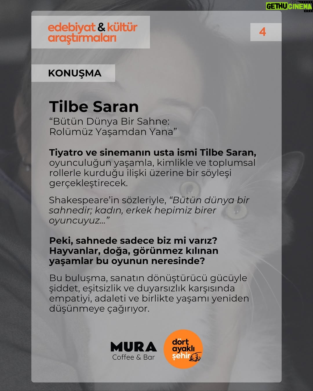 Tilbe Saran - 1.3K Likes - Davetlisiniz: Dört Ayaklı Şehir, tiyatro ve sinemanın usta ismi Tilbe Saran’ı ağırlıyor ❤️

🎭 “Bütün Dünya Bir Sahne: Rolümüz Yaşamdan Yana”

🔗 Etkinlik katılım formu profilde ve hikayelerde

Dört Ayaklı Şehir, Edebiyat ve Kültür Araştırmaları Programı’nın 4. buluşmasında konuğumuz olacak Tilbe Saran, sanatın dönüştürücü gücüyle hem sahnede hem hayatta “rol almak” ve hak savunuculuğu üzerine konuşacak.

Shakespeare’in sözleriyle: “Bütün dünya bir sahnedir; kadın, erkek hepimiz birer oyuncuyuz...”
Peki, sahnede yalnızca biz mi varız?
Hayvanlar, doğa ve görünmez kılınan yaşamlar bu oyunun neresinde? diye soruyor Tilbe Saran ve bizleri sanatın dönüştürücü rolü, tiyatro, oyunculuk ve hak savunuculuğu tecrübesi üzerine birlikte düşünmeye çağırıyor. 

📌 Katılım ücretsiz ve sokak hayvanlarının tedavisi ve bakımı için bağış seçenekleriyle mümkün. 
Katılım formu profilde ve hikayelerde.

Dört Ayaklı Şehir’in uzun yıllardır dostu ve yol arkadaşı olan Tilbe Saran, yalnızca karakterleri ile değil, yaşamın içindeki adaletsizlikleri ve sessiz bırakılmış varlıkları da görünür kılmaya adanmış duruşu ve çalışmalarıyla da sayısız insanın yaşamına dokunmuş bir sanatçı. Hak savunuculuğuna adanmış ve dönüşen sanatın eşsiz bir örneği. Bu konuşmasında da sanat pratiği aracılığıyla şiddet, eşitsizlik ve duyarsızlık karşısında empatiyi, adaleti ve birlikte yaşamı  bir arada, hep birlikte, el ele ve yan yana yeniden düşünmeye çağırıyor.

Dört Ayaklı Şehir olarak kendisini ağırlamaktan büyük onur ve mutluluk duyuyoruz.

📌 Etkinlik Bilgileri
Tarih: 22 Kasım 2025 Cumartesi
Saat: 15.30
Yer: Mura Coffee & Bar @muracoffee 
Adres: Prof. Dr. Orhan Ersek Sk. No: 55/1, Teşvikiye, Şişli

Kontenjan 40 kişiyle sınırlıdır.