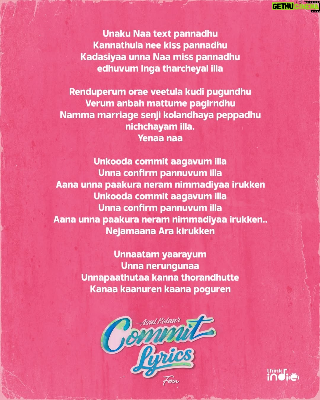 Vasantha Kumar P - 91.5K Likes - Unnaattam yaarayum paakalaye now you can sing it right. #Commit lyric sheet out. 🙂‍↕️💕🎶

#Commit from @asalkolaar 🍉

@priya.p.varrier @dinesu7 @foxnmusic #ThinkIndie @thinkmusicofficial