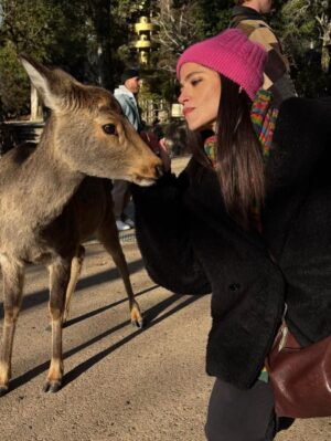 Veronica Gentili Instagram - Oggi sono stata a Nara, antica capitale del Giappone, a mezzora di treno da Kyoto e considerata la culla della cultura giapponese. 
Purtroppo però tutto questo, nella mia gerarchia, è immediatamente passato in secondo piano di fronte agli occhioni dei cervi che passeggiano liberi a spasso per il parco e che ti vengono incontro per fare amicizia ( sí lo so che vogliono le gallette di riso, di cui chiaramente mi sono subito munita, ma d’altronde in quale amicizia non è richiesto un po’ di sano do ut des?! ). 
Nel parco ci sono 1200 esemplari sparsi che se ne vanno in giro tra la gente. Tutti i giapponesi e i turisti che sono lì per visitare il Tempio Todaji, dove pregare o ammirare il Grande Buddha, finiscono irretiti da questi Bambi che scorrazzano dappertutto, finendo quasi per dimenticarsi dove stavano andando. Io poi, che ve lo dico a fare. 
La cosa fantastica è che i piccoli seduttori hanno imparato a fare l’inchino per ringraziare, quindi, se per caso tu non ti fossi già squagliato così, ti vengono incontro e si profondono in riverenze. A breve mi aspetto che imparino anche a rispondere ‘arigatou gozaimasu’ ad ogni morso di galletta. 
Dall’interno del tempio, dai suoi 15 metri di altezza, Buddha sorride sotto i baffi e aspetta che la parentesi cervi si concluda spontaneamente. 
Pare venga da qui la proverbiale calma buddhista.