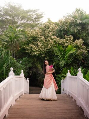 Akshatha Ajit Instagram - 🌸💕
P.C @karthikha_photography 
MUA @ratnamakeupartist 
Outfit @zenoraofficial_ 
Hairstylist @nishi_hairstylist_drapist 
Location @sppgardens