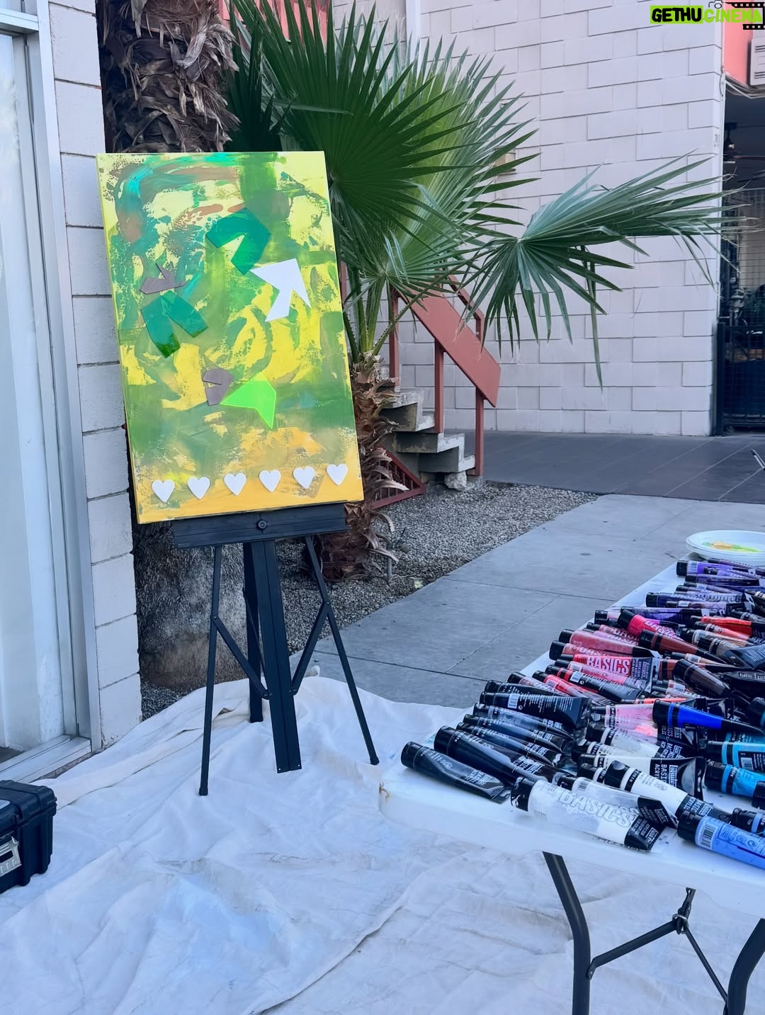 Dawn McCoy - 30 Likes - This collaborative painting was made during @desertopenstudios at @janssenartspace 

During three days six of us created this piece. We were all so different that I wondered how it would turn out. Look through all the pictures to see the transformation. It started out green and yellow. Then a black and white spritz. I added hearts and @tjanderson.studio added blocks of wood and acrylic. Just when it looked hopeless I added a wash of light pink. Then @arron_buttram_art came to the rescue and added structure and ideas. 

This painting will be on display this Friday at the opening 5-8pm. All proceeds will be donated to the @lovingwayfoundation that was founded by @iamdawnmccoy 🩵🩷

Other artists that participated in creating this piece were @studioroth.ps @tjanderson.studio and @mid_mod_facade 

If you’re in town, be sure to see the painting in person!

#pinkart #artheals #lovingwayfoundation #artdonation #collaboration