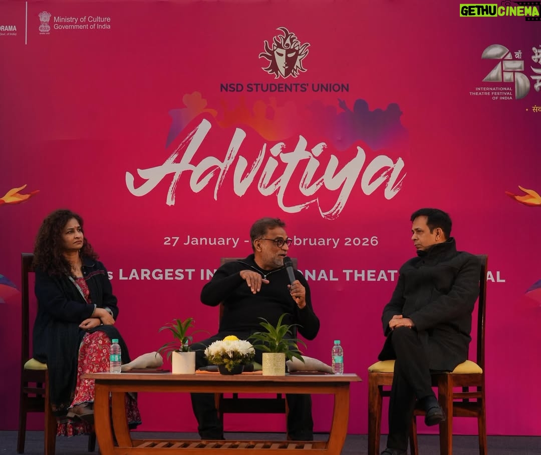 Krishika Lulla - 1.8K Likes - World’s Largest International Theatre Festival
Bharat Rang Mahotsav

An evening of ideas, creativity, and powerful perspectives.
The National School of Drama hosted an enriching conversation on “The Director’s Vision: Cinema vs Theatre” as part of the 25th edition of the festival, featuring filmmaker R. Balki in conversation with Chittranjan Tripathy.
A dialogue that truly bridged cinema and theatre ≥
Continuing the creative exchange, last night witnessed another insightful session as film producer Krishika Lulla engaged in a compelling dialogue with Chittranjan Tripathy, exploring the journey from the stage to the big screen and beyond.
A thought-provoking conversation offering meaningful insights into storytelling across mediums

#NSDBRM26
#theatrefestival #ministryofculture #nationalschoolofdrama #cultureunitesall