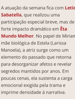 Letícia Sabatella Instagram - Obrigada pela atenção a este trabalho feito com delicadeza e colaboração. Agradeço demais a @tvglobo a equipe maravilhosa da novela, nossos diretores e autores , colegas lindas de cena. Fiquei com saudades. ❤️❤️❤️❤️🌎💪🤟🌺🐝