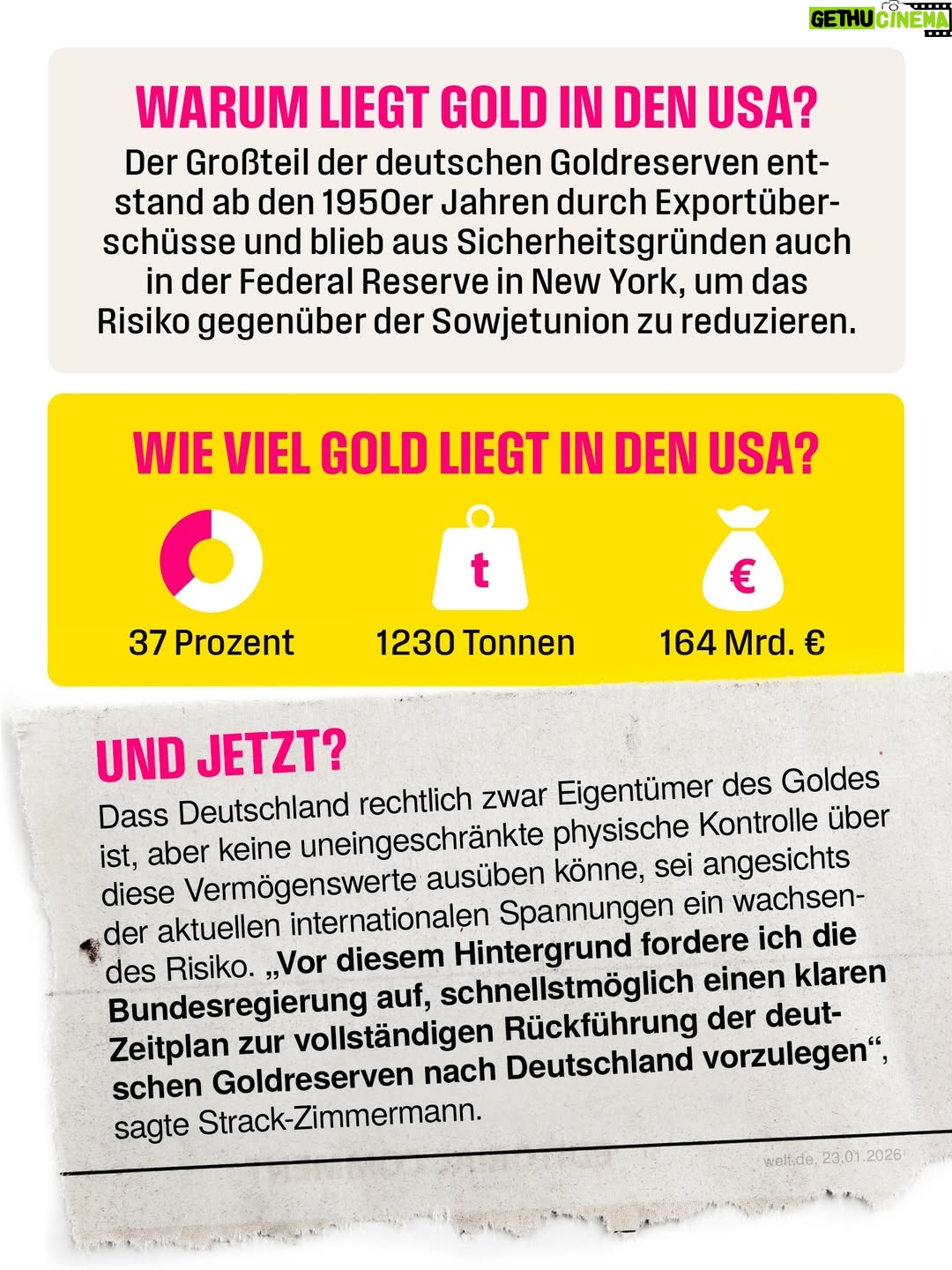 Marie-Agnes Strack-Zimmermann - 2.6K Likes - @strackzimmermann: „Seit Jahren liegt ein erheblicher Teil unseres nationalen Vermögens in den USA. Zu Zeiten des Kalten Krieges mag dies sinnvoll gewesen sein, doch die geopolitische Lage hat sich grundlegend verändert. Vertrauen in die Verlässlichkeit transatlantischer Partner allein darf nicht unsere wirtschaftliche und sicherheitspolitische Souveränität ersetzen.

Die Tatsache, dass Deutschland rechtlich zwar Eigentümer dieses Goldes ist, aber keine uneingeschränkte physische Kontrolle über diese Vermögenswerte ausüben kann, ist angesichts der aktuellen internationalen Spannungen ein wachsendes Risiko.“