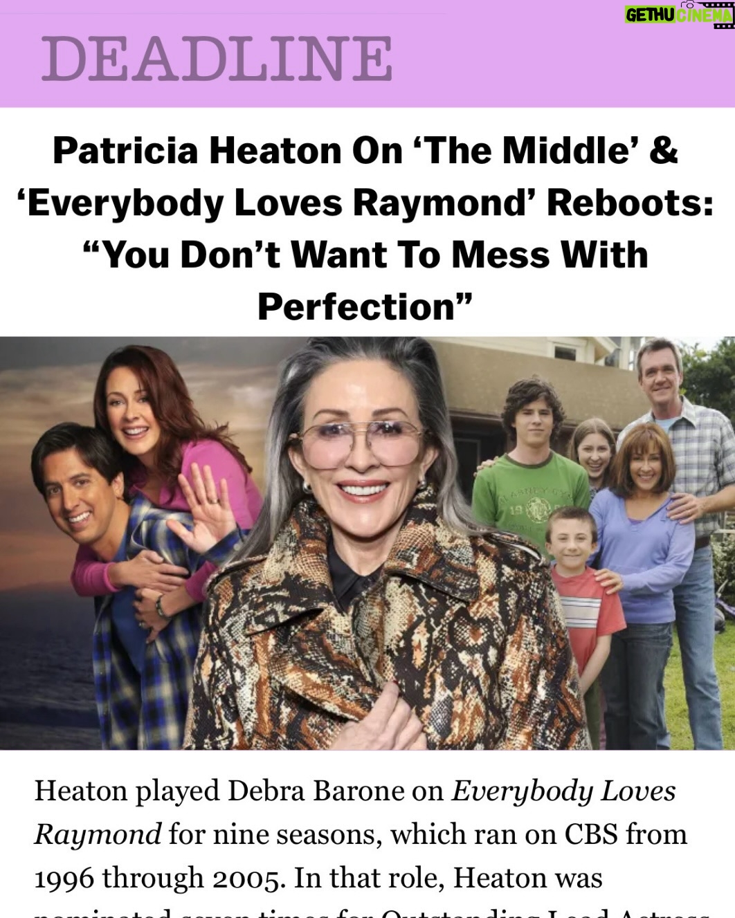 Patricia Heaton - 9.6K Likes - So great chatting with @deadline I’m loving that The Middle and Everybody Loves Raymond still have so much love and interest out there. I’m eternally grateful and feel so lucky to be part of stories that continue to connect with people 🤍

#TheMiddle #EverybodyLovesRaymond #Grateful #ClassicTV #StillFeelingTheLove
