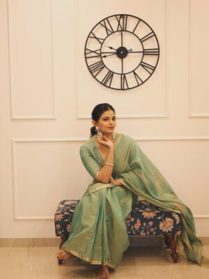 Priyanka Tendolkar Instagram - In love with this look..
.
.
Saree by @chhavi_drapedingrace 
.
Fabric: Silk Cotton Tissue – lustrous, airy & elegant
Border & Pallu Subtle zari detailing for a graceful finish with flowers motifs on pallu.

Clicked by @yogclicks 🤗
Hair by @its.alvina_ 😘

#chhavidrapedingrace #newcollection #uniquethreads staytuned maheshwari_saree