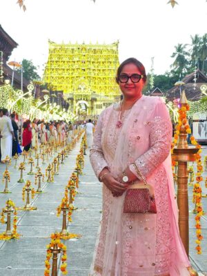 Radha Instagram - YOU don’t visit the temple... the Temple calls YOU. 🙏🏻
After a lifetime in Kerala, I finally received my calling to witness the divine Lakshakoti Deepalu at Sree Ananthapadmanabhaswamy temple. 
Grateful, humbled, blessed • 🪔🕉️
📸 @ajays_delights