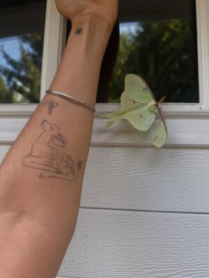 Raveena Aurora Instagram - MAMA CAME BACK TO GIVE US A SIGN😭🦋🦋 after I was searching for the rare luna moth to see in person for the last 3 years - she appeared resting on our garage door for hours -  the same day we brought moms ashes home. All the magical coincidences of me also wearing a Luna moth dress on this day, of Pluto (the song about coming back after death as a butterfly) being her favorite song and the last song of mine she asked me to sing to her before she passed, of the same butterfly being sprawled all over the album covers and merch and now tattooed on my body, and the fact that it’s  so rare to see the Luna moth in person because of its nocturnal nature … it’s all too perfect and magical 🩵 Im starting to feel my angel all around me , even thru the endless tears 😭😭😭😭😭😭