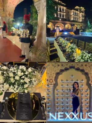 Roshni Chopra Instagram - Maharani era 👑✨what do you expect when @nexxusnewyork picks you up in a palace on wheels for the party of the season at city palace Jaipur ! What a night ♥️🙌

Wearing @namratajoshipura  via @twentyvi.brands 💛

Ps - the promend oil resurrection by @nexxusnewyork is basically addictive . There’s no going back ! thank you @lathasunadh for the best discovery 🤗