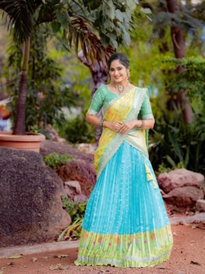 Tejaswini Gowda Instagram - In love with this outfit🩵💚💛

Outfit: @shobhashettydesignerstudios 
Jewellery: @goyazsilverjewellery 
📸 : @akhileshrupaji