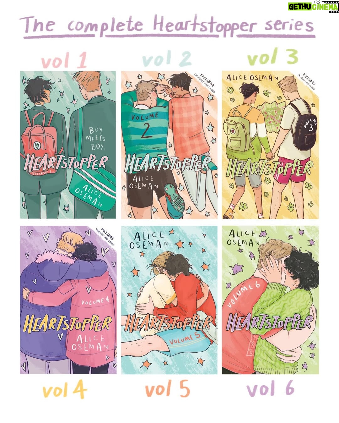 Alice Oseman - 467.7K Likes - Introducing the cover of HEARTSTOPPER VOLUME 6, the final volume of Heartstopper 🍂💚

Drawing and designing this cover while knowing it’s the last one was toughhhhhh. There were many different avenues I explored, but a kiss always felt like the right choice. Now the set is complete. A COMPLETE SERIES! A SIX BOOK SERIES!

🍂 Everyone in school knows Nick and Charlie. Everyone knows they’re going to be together forever. But Charlie’s busy with his bid to become head boy. And while Nick is preparing to leave for uni, he’s starting to wonder who he’ll be... without Charlie. 🍂

It’s out from July 2nd!! Pre-orders are open now!!
