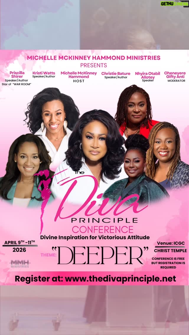 Ama K. Abebrese - 285 Likes - Accra, it’s time.

The D.I.V.A. Principle Conference 2026 is happening April 9–10 at ICGC Christ Temple and this year’s lineup is powerful.

Featuring:

Michelle McKinney Hammond
Priscilla Shirer @priscillashirer 
Kristi Watts @talk_yourself_happy 
Christie Bature @christiebature 
Nhyira Otabil-Allotey @nhyira 
Oheneyere Gifty Anti @oheneyere_gifty_anti 

Two transformational days.
Real conversations.
Purpose. Healing. Leadership. Alignment.

D.I.V.A. stands for Divine Inspiration for Victorious Attitude and this is for the woman who knows there is more inside of her.

More clarity.
More impact.
More calling.

Be in the room.

Register now at www.thedivaprinciple.net

Tag the women you’re coming with.
April 9–10. ICGC Christ Temple.

This is more than a conference. It’s a shift.

#DIVAPrinciple #DIVA2026 #WomenWhoLead #AccraEvents