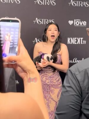 Arden Cho Instagram - What a night!! Thank you so much @hollywoodcreativealliance for The Best Voiceover Award for Rumi 💜 KPDH also won Best Animation and Best Song! 3 for 3! So much love all night and felt like a Queen in this special custom gown @waltercollection created for me (inspired by Rumi) SO many people mentioned the beading was like Rumi’s patterns… thank you Walter, you’re the best! So good to see Dylan and thank you @lisa_hiser for capturing that cute moment haha 🤣 no tea 🍵 just catching up!! Congrats to both of us! What a journey it’s been for us all. Swipe to the end for a bunch more snaps and of course a puppy. Don’t miss the puppy!!!
