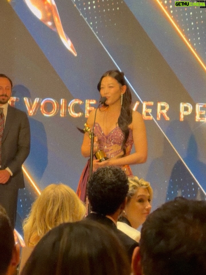 Arden Cho - 182.7K Likes - What a night!! Thank you so much @hollywoodcreativealliance for The Best Voiceover Award for Rumi 💜 KPDH also won Best Animation and Best Song! 3 for 3! So much love all night and felt like a Queen in this special custom gown @waltercollection created for me (inspired by Rumi) SO many people mentioned the beading was like Rumi’s patterns… thank you Walter, you’re the best! So good to see Dylan and thank you @lisa_hiser for capturing that cute moment haha 🤣 no tea 🍵 just catching up!! Congrats to both of us! What a journey it’s been for us all. Swipe to the end for a bunch more snaps and of course a puppy. Don’t miss the puppy!!!