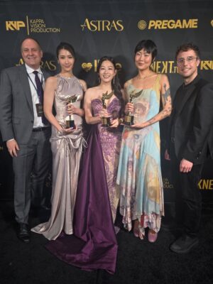 Arden Cho Instagram - What a night!! Thank you so much @hollywoodcreativealliance for The Best Voiceover Award for Rumi 💜 KPDH also won Best Animation and Best Song! 3 for 3! So much love all night and felt like a Queen in this special custom gown @waltercollection created for me (inspired by Rumi) SO many people mentioned the beading was like Rumi’s patterns… thank you Walter, you’re the best! So good to see Dylan and thank you @lisa_hiser for capturing that cute moment haha 🤣 no tea 🍵 just catching up!! Congrats to both of us! What a journey it’s been for us all. Swipe to the end for a bunch more snaps and of course a puppy. Don’t miss the puppy!!!