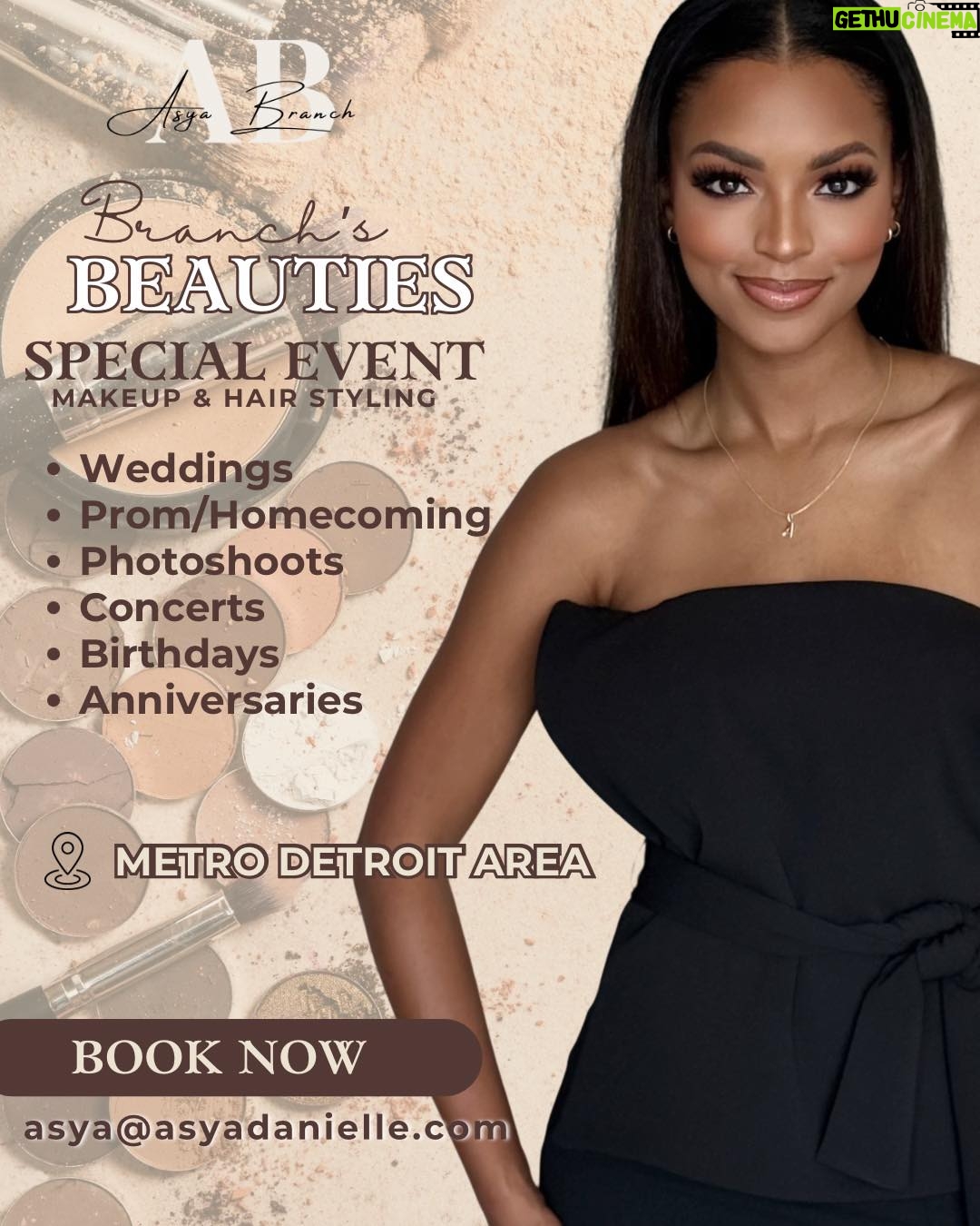 Asya Branch - 3 Likes - ✨Detroit, it’s time to glow! ✨

I’m now booking hair & makeup appointments across the Metro Detroit area for all special occasions — weddings, birthdays, anniversaries, prom, homecoming, concerts & more.

Soft glam, full glam, elegant updos, or sleek styles — whatever the vibe, I’ve got you covered. 💋

Email to book! Tell your friends!