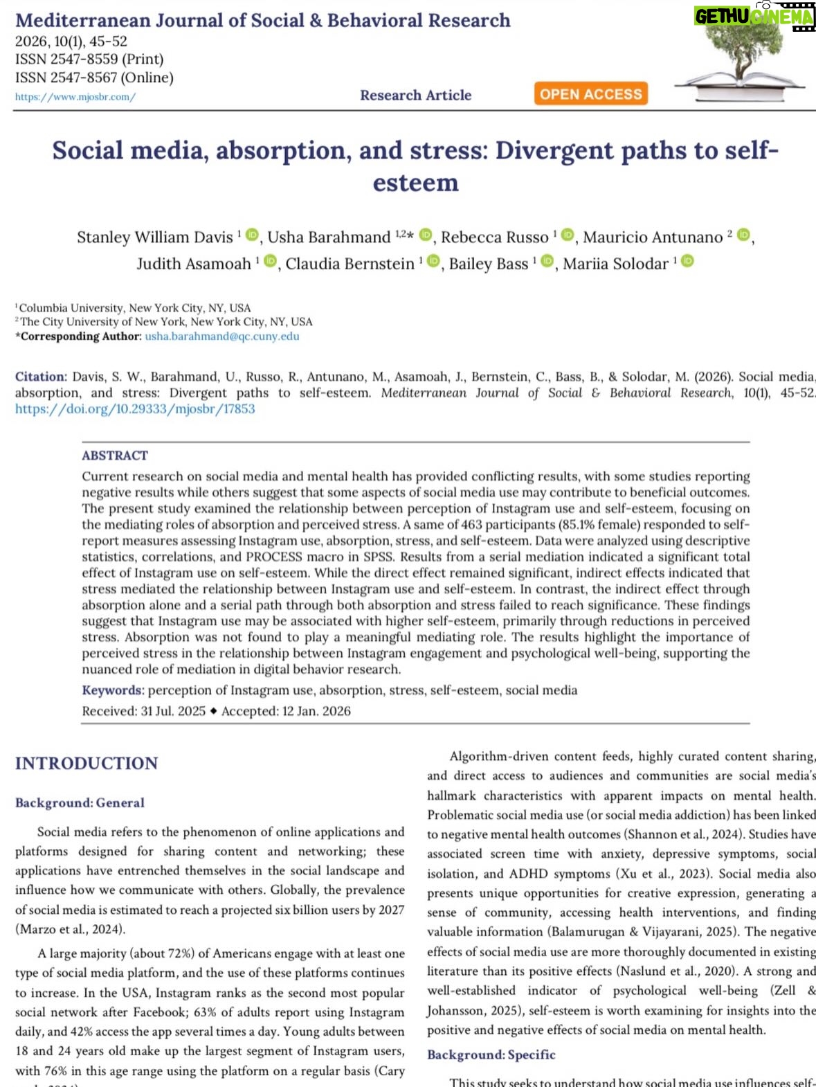 Bailey Bass - 97.5K Likes - PUBLISHED!! My first research paper!!
🤍Social Media, Absorption, and Stress: Divergent Paths to Self-Esteem🤍
Thank you to Dr.Barahmand and Columbia University for this opportunity. 
Link in bio to read it :)

———

Started studying psychology at Columbia University in fall 2024 simply because it spoke to me more than any other major. A month later, I fell in love with research and begged Dr.Barahmand to let me join her research group. Today, I am a published researcher🤭 #tearingup