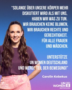 Carolin Kebekus Instagram - 💜 Heute ist der Internationale Frauentag. Ich will keine Blumen oder schönen Worte – gemeinsam mit UN Women Deutschland fordere ich gleiche Rechte und Gerechtigkeit für alle Frauen und Mädchen!

📣 Werdet auch ihr aktiv: Seid laut und sichtbar, geht heute und zum Frauenstreik morgen auf die Straßen, spendet für die Arbeit von UN Women Deutschland!

🌐 Alle Infos auf Linktree