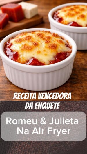 Catia Fonseca Instagram - Essa receita faz sucesso e você pode fazer rapidinho aí da sua casa! 

Romeu e Julieta com 5 ingredientes e na Airfryer

Uma sobremesa fácil, rápida e simplesmente deliciosa! 
Feita na Airfryer e com 5 ingredientes! 

Rende: 4 porções

Ingredientes:
1 caixinha de creme de leite
100g de requeijão
1 ovo
1 pitada de sal
600g de goiabada

Modo de preparo:
Corte a goiabada em cubinhos e distribua nas forminhas.
Misture bem o creme de leite, requeijão, ovo e sal até ficar homogêneo.
Despeje a mistura sobre a goiabada.
Leve à Airfryer a 180°C por 10 minutos.

#receitafacil #sobremesa
