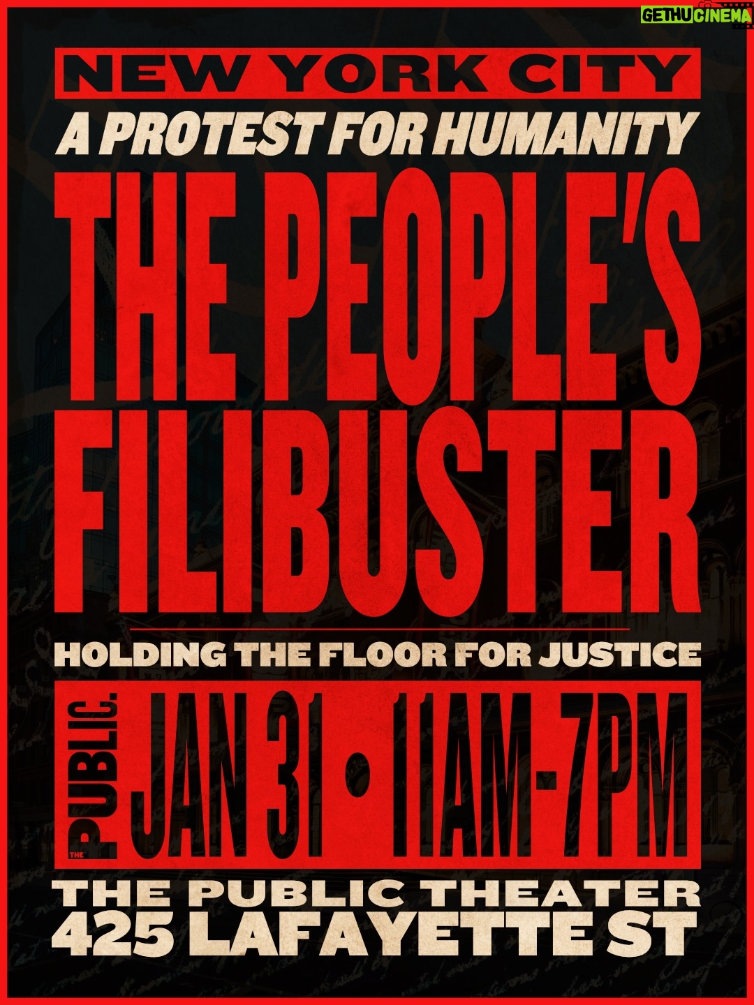 Constance Wu - 26.1K Likes - THE PEOPLE’S FILIBUSTER! A PROTEST FOR HUMANITY: JANUARY 31, 11AM–7PM - We stand in solidarity with our neighbors in Minnesota and across the country who are angry and grieving, protesting state-sanctioned violence and abuses of power, and organizing for the safety, dignity, and human rights of all. 

For eight hours, artists, elected officials, and community leaders will present seminal, primary source texts from the founding of our nation and writings and songs that articulate our shared ideals and democratic aspirations, not as history alone, but as a living call to action. 

Artists have always been among the first to name the unspoken, to hear the unheard, and to imagine a more just world. In this moment of crisis, we return to the core promises and texts of our country and our democracy: life, liberty, and justice for all.

Words that built a nation. Voices that shape its future. Together, we will hold the floor for justice from 11AM–7PM on the steps of The Public Theater. We’ll see you there, NYC! #PeoplesFilibusterNYC

Live streaming will be available, with more details to be announced on Friday. Learn more at ThePublic.NYC/Filibuster
