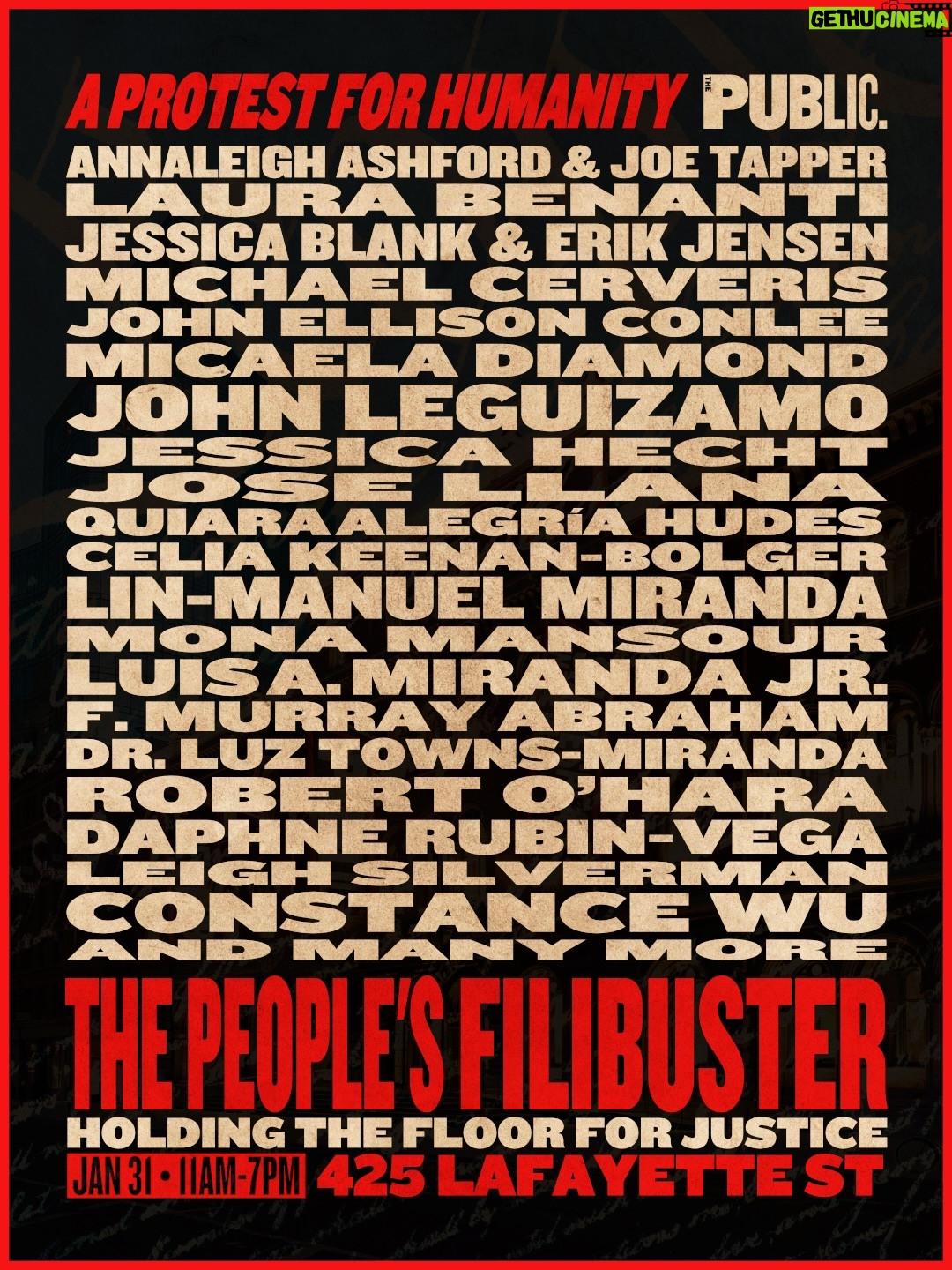 Constance Wu - 26.1K Likes - THE PEOPLE’S FILIBUSTER! A PROTEST FOR HUMANITY: JANUARY 31, 11AM–7PM - We stand in solidarity with our neighbors in Minnesota and across the country who are angry and grieving, protesting state-sanctioned violence and abuses of power, and organizing for the safety, dignity, and human rights of all. 

For eight hours, artists, elected officials, and community leaders will present seminal, primary source texts from the founding of our nation and writings and songs that articulate our shared ideals and democratic aspirations, not as history alone, but as a living call to action. 

Artists have always been among the first to name the unspoken, to hear the unheard, and to imagine a more just world. In this moment of crisis, we return to the core promises and texts of our country and our democracy: life, liberty, and justice for all.

Words that built a nation. Voices that shape its future. Together, we will hold the floor for justice from 11AM–7PM on the steps of The Public Theater. We’ll see you there, NYC! #PeoplesFilibusterNYC

Live streaming will be available, with more details to be announced on Friday. Learn more at ThePublic.NYC/Filibuster