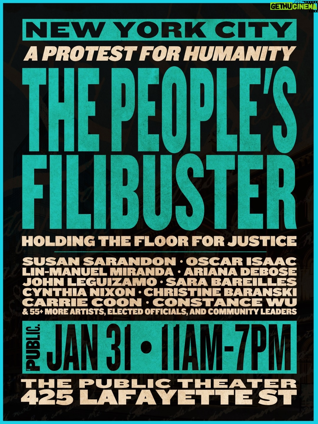 Constance Wu - 5.3K Likes - JUST ADDED TO TODAY’S FILIBUSTER: Susan Sarandon, Oscar Isaac, Carrie Coon, Shoshana Bean, Public Works community members, and more join Lin-Manuel Miranda, Ariana DeBose, John Leguizamo, Sara Bareilles, and over 55 artists, elected officials, and community leaders for THE PEOPLE’S FILIBUSTER: A PROTEST FOR HUMANITY.
 
This public, eight-hour artistic demonstration stands in solidarity with the people of Minnesota and all those across the nation protesting state-sanctioned violence and abuses of power and organizing for the safety, dignity, and human rights of all. Join us on the steps of The Public Theater TODAY (Jan 31), 11AM–7PM!
 
Together, we hold the floor for justice. #PeoplesFilibusterNYC
 
This free public event will also be livestreamed at ThePublic.NYC/Filibuster