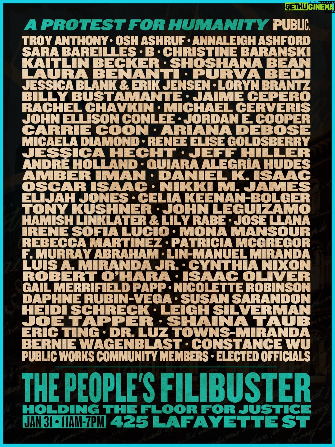 Constance Wu - 5.3K Likes - JUST ADDED TO TODAY’S FILIBUSTER: Susan Sarandon, Oscar Isaac, Carrie Coon, Shoshana Bean, Public Works community members, and more join Lin-Manuel Miranda, Ariana DeBose, John Leguizamo, Sara Bareilles, and over 55 artists, elected officials, and community leaders for THE PEOPLE’S FILIBUSTER: A PROTEST FOR HUMANITY.
 
This public, eight-hour artistic demonstration stands in solidarity with the people of Minnesota and all those across the nation protesting state-sanctioned violence and abuses of power and organizing for the safety, dignity, and human rights of all. Join us on the steps of The Public Theater TODAY (Jan 31), 11AM–7PM!
 
Together, we hold the floor for justice. #PeoplesFilibusterNYC
 
This free public event will also be livestreamed at ThePublic.NYC/Filibuster