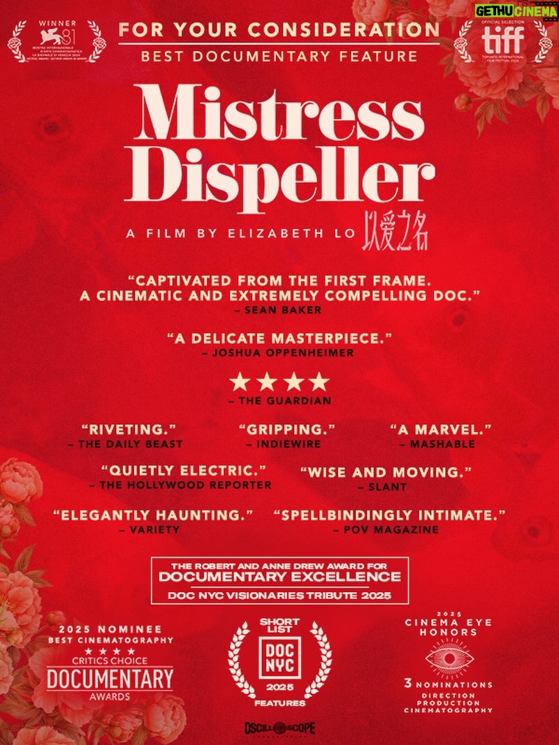 Constance Wu - 547 Likes - MISTRESS DISPELLER | For Your Consideration - Best Documentary Feature

** WINNER OF 20 AWARDS AT OVER 75 INTERNATIONAL FESTIVALS **

OFFICIAL SELECTION
Venice Int’l Film Festival | Toronto Int’l Film Festival | CPH:DOX | SFFILM Doc Stories

NOMINATED FOR 3 CINEMA EYE HONORS AWARDS 2025
Outstanding Direction | Outstanding Production | Outstanding Cinematography

NOMINATED FOR CRITICS CHOICE DOCUMENTARY AWARD 2025 
Best Cinematography

DOC NYC VISIONARIES TRIBUTE AWARD 2025
The Robert and Anne Drew Award for Documentary Excellence - Elizabeth Lo

DOC NYC SHORT LIST 2025

“A delicate masterpiece.” 
- Joshua Oppenheimer

“Captivated from the first frame.” 
- Sean Baker 

“Elegantly haunting and strangely romantic.”
– Tomris Laffly, Variety

“Gripping and fascinatingly conceived… Lo’s level of access is extraordinary.”
– Ryan Lattanzio, IndieWire

“A sharp-eyed, open-ended inquiry into marriage and romance. Provocative and quietly electric.”
– Sheri Linden, The Hollywood Reporter

“A spellbindingly intimate tale. Lo’s latest work solidifies that she’s one of the most exciting new voices in documentary.”
– Pat Mullen, POV Magazine

 “A marvel: elegantly constructed, ethically created, 
and thought-provokingly humane.” 
– Kristy Puchko, Mashable