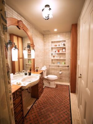 Gloria Steinem Instagram - Several years ago, my New York City apartment was in great need of repair due to deterioration, which is common in old brownstone. A dear friend of mine introduced me to the great designer Jane Hallworth and her team. During our very first meeting, she showed me the tile featured here on the floor. I loved it because it reminded me of an antique rug. So, we went from there — or, I should say, Jane and her thoughtful team did. They matched that original floor tile with walls by clé tile. Jane’s team, with the help of Edmund Lewis’ team, even salvaged an archway from another room and turned it into a vanity. 

Not only did Jane give me this gift, but she gifted her talent to me and so much of my home, and got so many artisans to do the same. 

This room is now a part of Gloria’s Foundation, so it will most likely outlast me and be a gift to many others!

Photograph by @giamckenna
