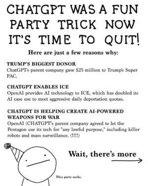 Grace Helbig Instagram - It’s easy to feel hopeless against all the horrors of the world right now. But there is one very small and very simple action you can take with a huge impact: DELETE CHATGPT! 

Please enjoy this little infographic inspired by a very eye opening meeting with the founders of @quitgpt 

Who is with us????