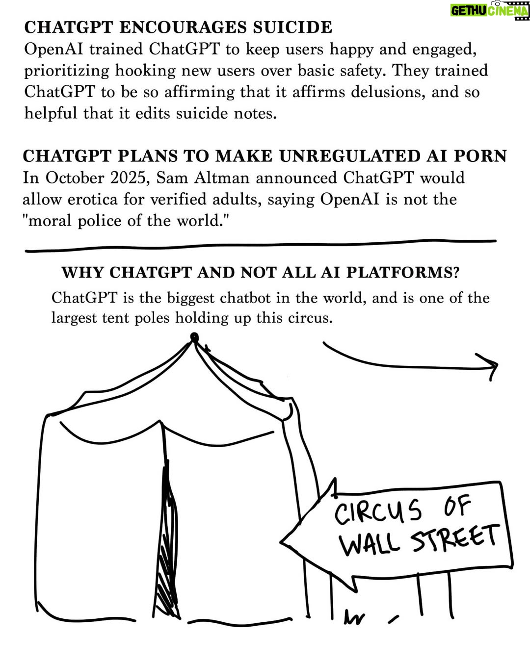 Grace Helbig - 363.2K Likes - It’s easy to feel hopeless against all the horrors of the world right now. But there is one very small and very simple action you can take with a huge impact: DELETE CHATGPT! 

Please enjoy this little infographic inspired by a very eye opening meeting with the founders of @quitgpt 

Who is with us????