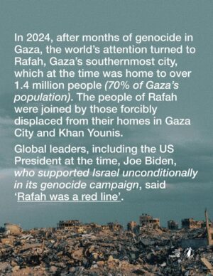 Greta Thunberg Instagram - 🚨 RAFAH HAS BEEN ETHNICALLY CLEANSED AND FLATTENED 🚨

Despite calls from governments globally that Rafah was a red line, Israel ethnically cleansed the city and flattened it, showing that despite global condemnation, Israel continues to operate under total impunity.

TAKE ACTION

* This post includes a free email template — send it to your elected official today - click the link in @humantiproject’s bio, or visit Humanti.org
* You can also use the template as a call guide. Find your MP’s, representative’s or elected official’s number online and speak to them directly.

Sources on Slide 10
