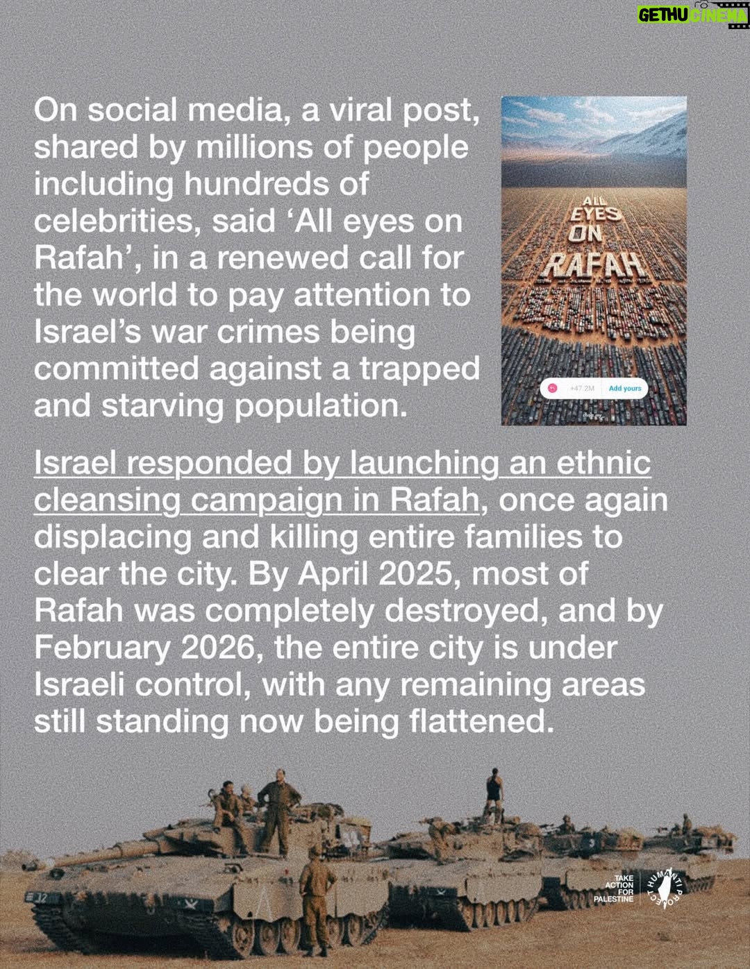 Greta Thunberg - 712.6K Likes - 🚨 RAFAH HAS BEEN ETHNICALLY CLEANSED AND FLATTENED 🚨

Despite calls from governments globally that Rafah was a red line, Israel ethnically cleansed the city and flattened it, showing that despite global condemnation, Israel continues to operate under total impunity.

TAKE ACTION

* This post includes a free email template — send it to your elected official today - click the link in @humantiproject’s bio, or visit Humanti.org
* You can also use the template as a call guide. Find your MP’s, representative’s or elected official’s number online and speak to them directly.

Sources on Slide 10