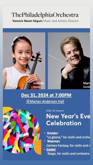 HIMARI Instagram - 🎉 Exciting news! I’ll be performing with the Philadelphia Orchestra and conductor Marin Alsop! Can’t wait! If you’re in Philadelphia, come check it out on December 31! Tickets are on sale now! 🎶
@marinalsop.conductor
@philorch
#carmen #violin #philadephiaorchestra #classic #music #violinist #tango #marinalsop #himari