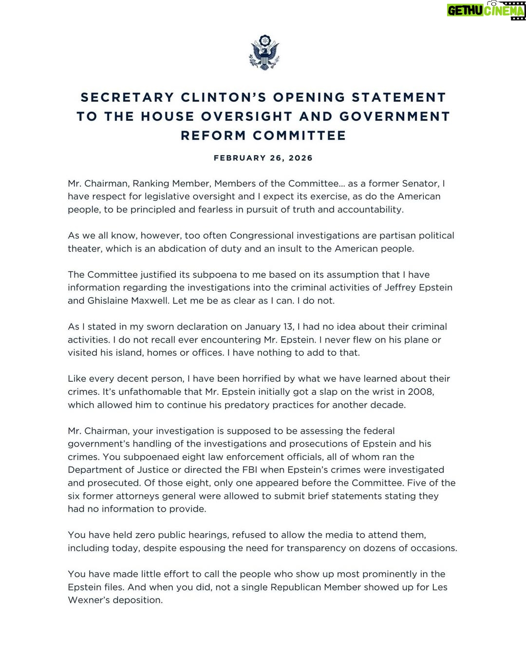 Hillary Clinton - 80.1K Likes - Here is my opening statement to the House Oversight and Government Reform Committee today.