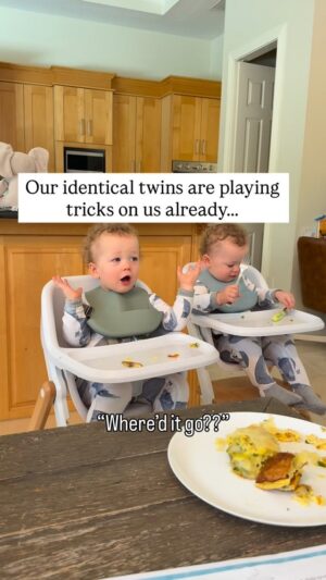 Jamie Otis Instagram - They warned me identical twins like to play tricks on their parents, but I wasn’t expecting this so soon…😜🥰

Hawkins (the one with he fork) has been hiding things and saying “where’d it go?” In his toddler baby language.🥹 It’s the cutest thing. Now Huxley is trying to do it too. They both laugh so hard at their schemes. 

So thankful for these little blessings.❤️