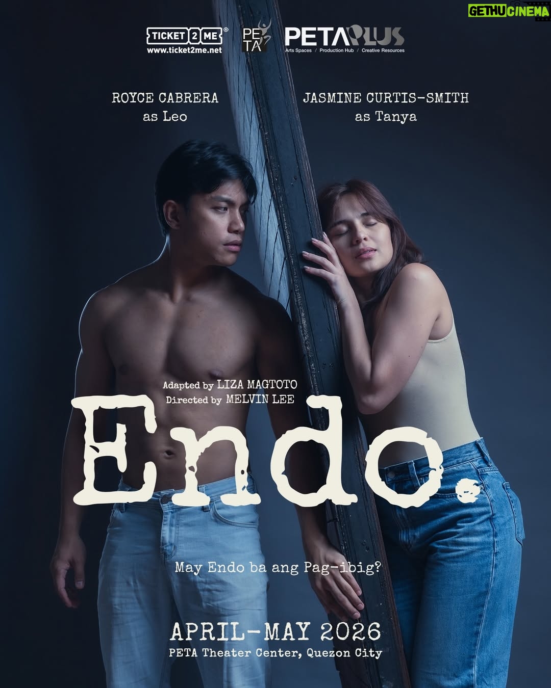 Jasmine Curtis-Smith - 2.8K Likes - Tickets are now AVAILABLE for ENDO!

Don’t miss this theatrical adaptation of ENDO, based on the film and screenplay Endo (UFO Pictures, 2007), written and directed by Jade Castro!

Experience Tanya (Jasmine Curtis-Smith) and Leo’s (Royce Cabrera) story up close: the push, the pull, the longing, the heartbreak. The stage brings it all to life like never before.

Runs April to May 2026 at the PETA Theater Center!

Grab your tickets today!
🎟️🔗 ticket2me.net/Endo

📸 Jojit Lorenzo

#TicketEasy with #Ticket2Me!
#Endo2026