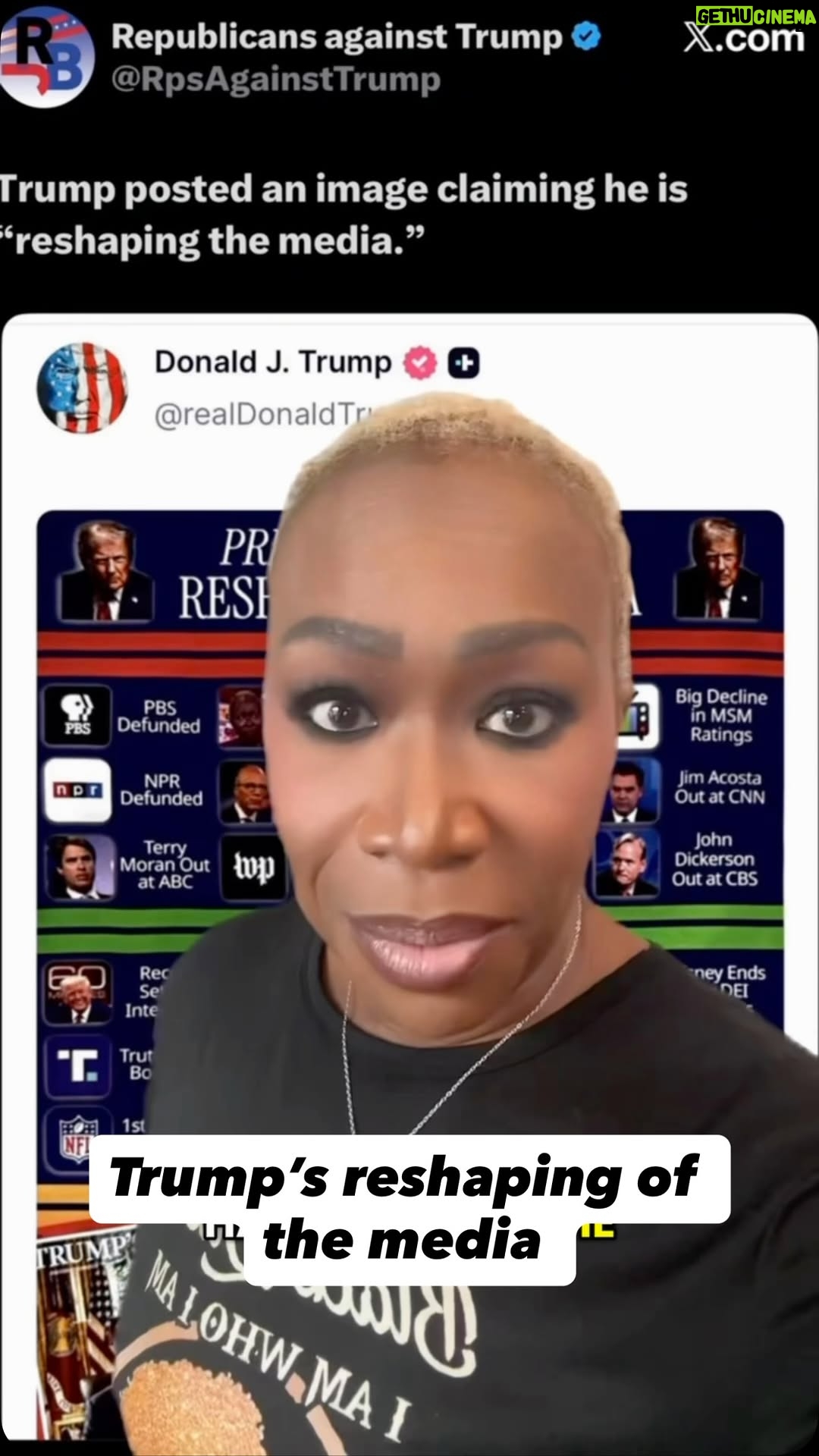 Joy Reid - 19.5K Likes - Trump’s total reshaping of the media is a five-alarm fire. 

Committee member @joyannreid — who Trump bragged about being fired from MSNBC — breaks it down & says the least we can do is exercise and fight for our First Amendment rights.